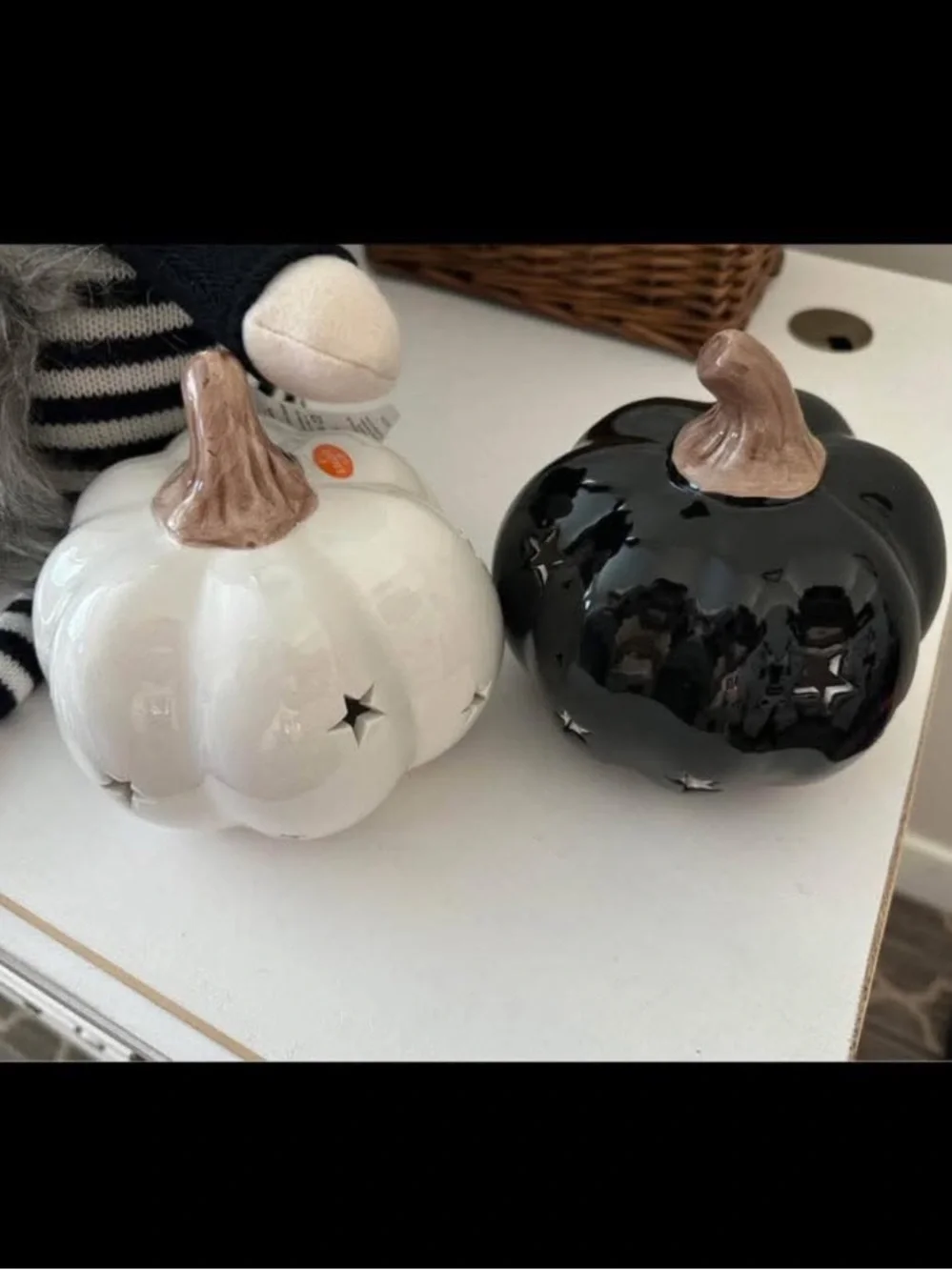 Glossy Black and White Ceramic Pumpkin Pair with Metallic Stems